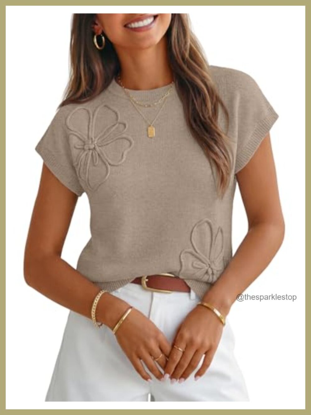 Womens Floral Knit Sweater Vest Cap Sleeve Crew Neck Work Tops